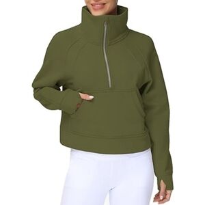 Half Zip Pullover Fleece Stand Collar Crop Sweatshirt with Pockets Green